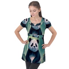 Animal Panda Forest Tree Natural Puff Sleeve Tunic Top