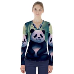 Animal Panda Forest Tree Natural V-Neck Long Sleeve Top