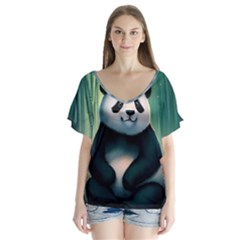 Animal Panda Forest Tree Natural V-Neck Flutter Sleeve Top