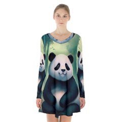 Animal Panda Forest Tree Natural Long Sleeve Velvet V-neck Dress