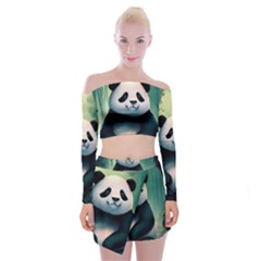 Animal Panda Forest Tree Natural Off Shoulder Top With Mini Skirt Set