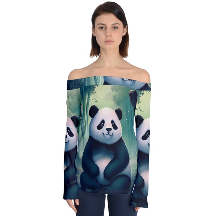 Animal Panda Forest Tree Natural Off Shoulder Long Sleeve Top