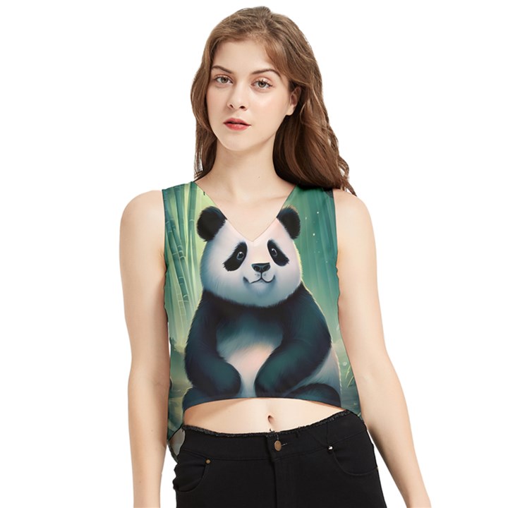 Animal Panda Forest Tree Natural V-Neck Cropped Tank Top