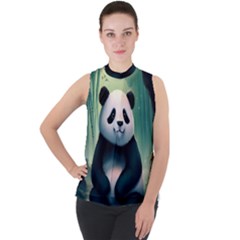 Animal Panda Forest Tree Natural Mock Neck Chiffon Sleeveless Top