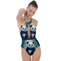 Animal Panda Forest Tree Natural Plunge Cut Halter Swimsuit