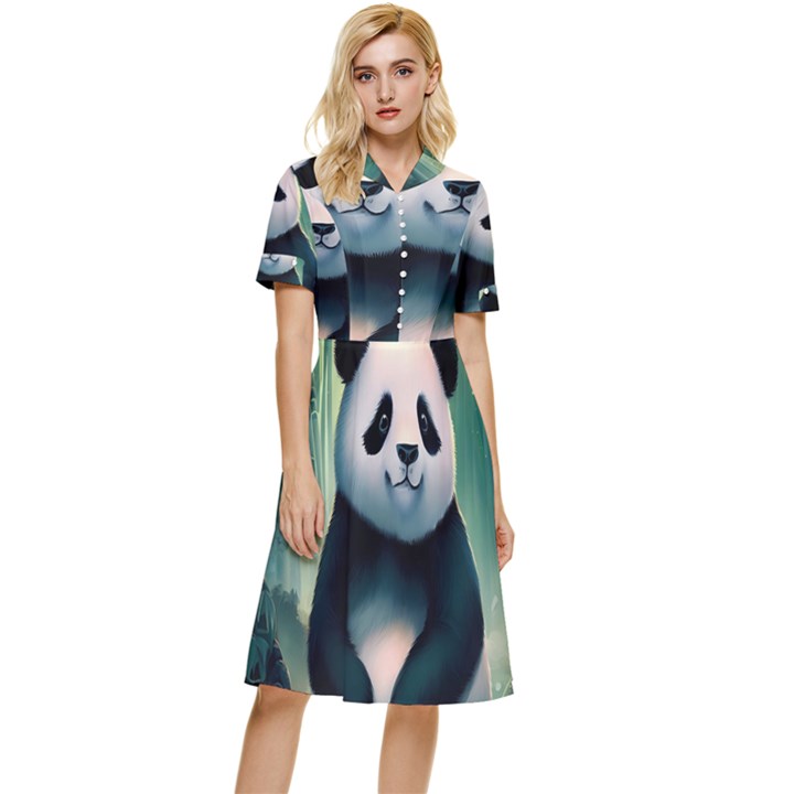 Animal Panda Forest Tree Natural Button Top Knee Length Dress