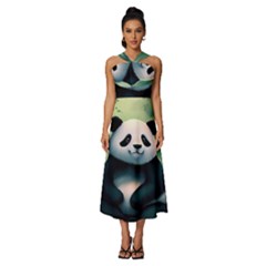 Animal Panda Forest Tree Natural Sleeveless Cross Front Cocktail Midi Chiffon Dress