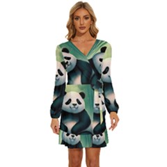 Animal Panda Forest Tree Natural Long Sleeve Waist Tie Ruffle Velvet Dress