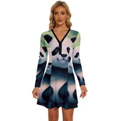 Animal Panda Forest Tree Natural Long Sleeve Deep V Mini Dress 