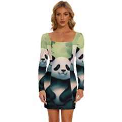 Animal Panda Forest Tree Natural Long Sleeve Square Neck Bodycon Velvet Dress by pakminggu