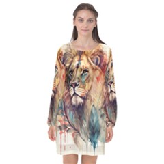 Lion Africa African Art Long Sleeve Chiffon Shift Dress  by pakminggu