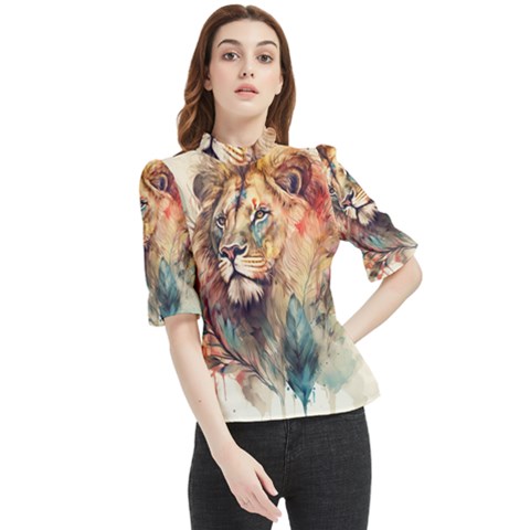 Lion Africa African Art Frill Neck Blouse by pakminggu