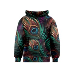 Peacock Feathers Nature Feather Pattern Kids  Pullover Hoodie by pakminggu