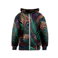 Peacock Feathers Nature Feather Pattern Kids  Zipper Hoodie by pakminggu