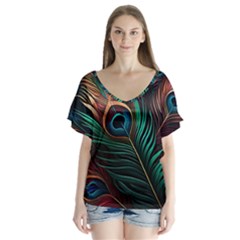 Peacock Feathers Nature Feather Pattern V-neck Flutter Sleeve Top by pakminggu