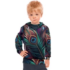 Peacock Feathers Nature Feather Pattern Kids  Hooded Pullover by pakminggu