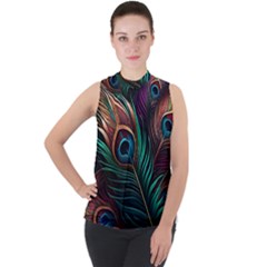 Peacock Feathers Nature Feather Pattern Mock Neck Chiffon Sleeveless Top by pakminggu