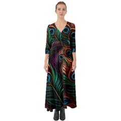 Peacock Feathers Nature Feather Pattern Button Up Boho Maxi Dress by pakminggu