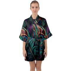 Peacock Feathers Nature Feather Pattern Half Sleeve Satin Kimono  by pakminggu