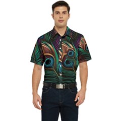 Peacock Feathers Nature Feather Pattern Men s Short Sleeve Pocket Shirt  by pakminggu