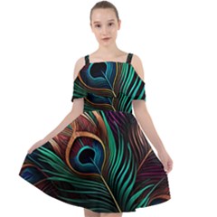 Peacock Feathers Nature Feather Pattern Cut Out Shoulders Chiffon Dress by pakminggu