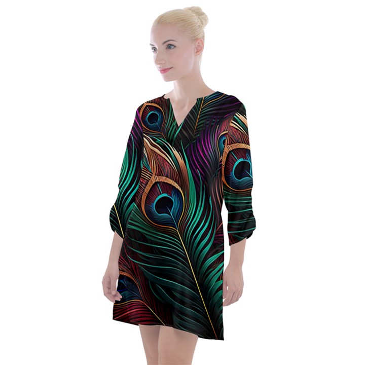 Peacock Feathers Nature Feather Pattern Open Neck Shift Dress