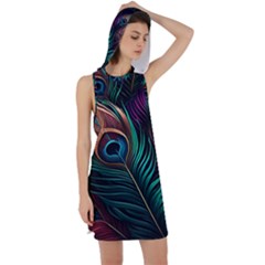 Peacock Feathers Nature Feather Pattern Racer Back Hoodie Dress by pakminggu