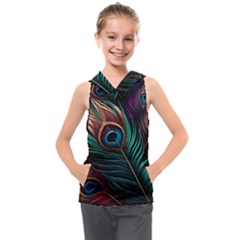 Peacock Feathers Nature Feather Pattern Kids  Sleeveless Hoodie by pakminggu