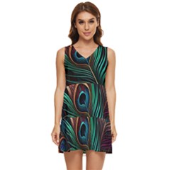 Peacock Feathers Nature Feather Pattern Tiered Sleeveless Mini Dress by pakminggu