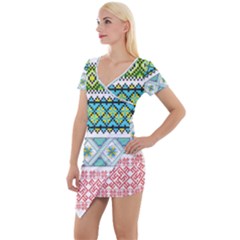 Ukraine Ornament Pattern Symbolism Geometric Short Sleeve Asymmetric Mini Dress by pakminggu