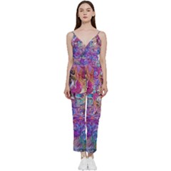 Painted Flames V-neck Spaghetti Strap Tie Front Jumpsuit by kaleidomarblingart