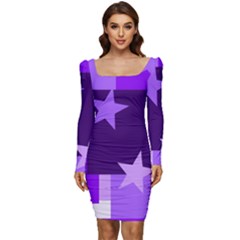 Purple Stars Pattern Shape Women Long Sleeve Ruched Stretch Jersey Dress by danenraven