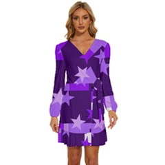 Purple Stars Pattern Shape Long Sleeve Waist Tie Ruffle Velvet Dress by danenraven