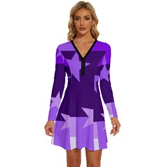 Purple Stars Pattern Shape Long Sleeve Deep V Mini Dress  by danenraven