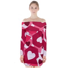 Pink Hearts Pattern Love Shape Long Sleeve Off Shoulder Dress by danenraven