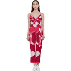 Pink Hearts Pattern Love Shape V-neck Spaghetti Strap Tie Front Jumpsuit