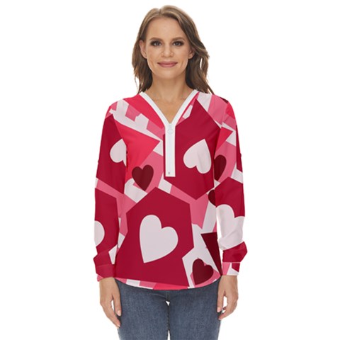 Pink Hearts Pattern Love Shape Zip Up Long Sleeve Blouse by danenraven