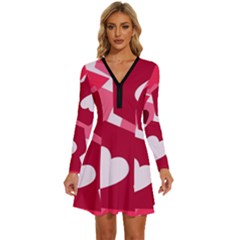 Pink Hearts Pattern Love Shape Long Sleeve Deep V Mini Dress  by danenraven