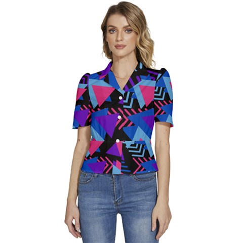 Memphis Pattern Geometric Abstract Puffed Short Sleeve Button Up Jacket by danenraven