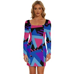 Memphis Pattern Geometric Abstract Long Sleeve Square Neck Bodycon Velvet Dress by danenraven