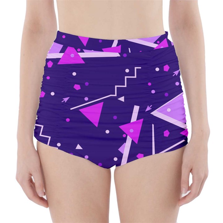 Purple Blue Geometric Pattern High-Waisted Bikini Bottoms