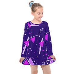 Purple Blue Geometric Pattern Kids  Long Sleeve Dress by danenraven