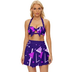 Purple Blue Geometric Pattern Vintage Style Bikini Top And Skirt Set  by danenraven