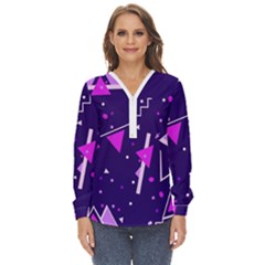 Purple Blue Geometric Pattern Zip Up Long Sleeve Blouse