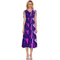 Purple Blue Geometric Pattern V-neck Drawstring Shoulder Sleeveless Maxi Dress