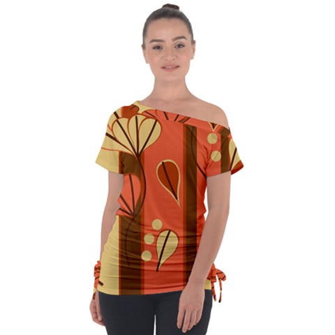 Amber Yellow Stripes Leaves Floral Off Shoulder Tie-up Tee by danenraven