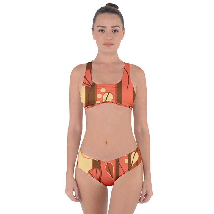 Amber Yellow Stripes Leaves Floral Criss Cross Bikini Set