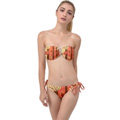 Amber Yellow Stripes Leaves Floral Twist Bandeau Bikini Set by danenraven