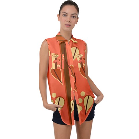 Amber Yellow Stripes Leaves Floral Sleeveless Chiffon Button Shirt by danenraven