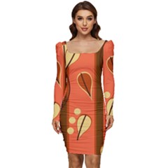 Amber Yellow Stripes Leaves Floral Women Long Sleeve Ruched Stretch Jersey Dress by danenraven